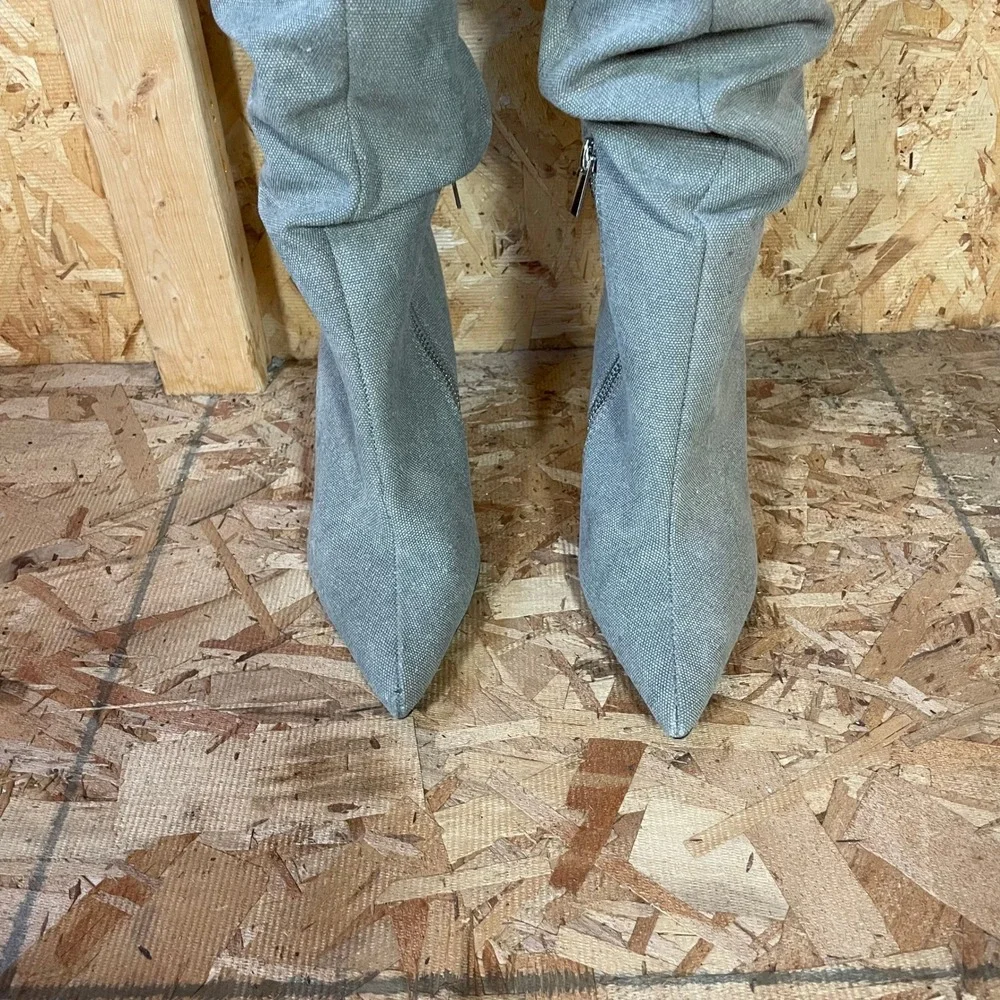 Zara Over The Knee Slouchy Boots Womens 38 Grey Canvas Pointed Toe Stiletto